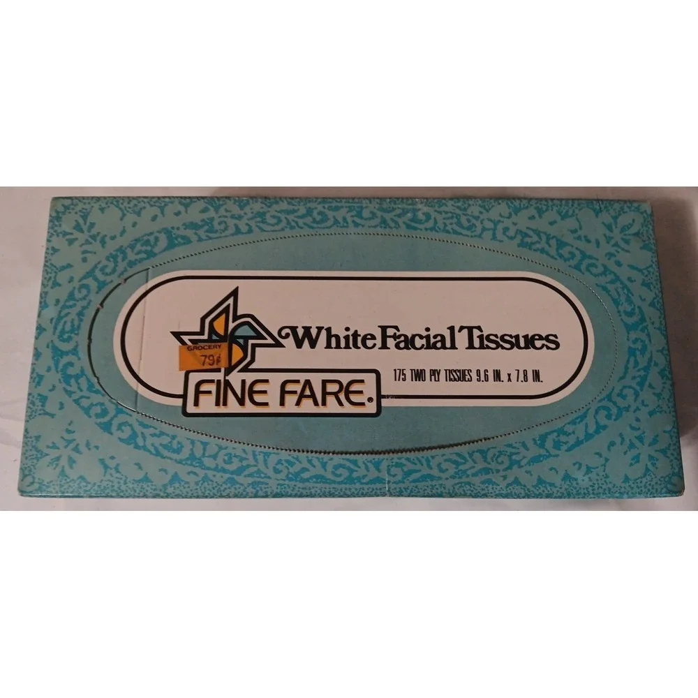 Vtg Fine Fare White Facial Tissues 175 Two Ply Blue Designer Box Nostalgia READ‎